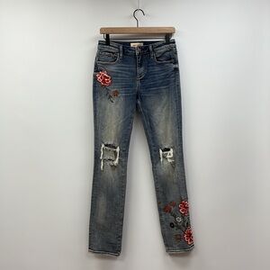 Driftwood Audrey Embroidered Floral Distressed Mid Rise Straight Jeans 26x31